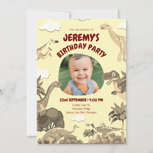 Invitación de cumpleaños de Dino con foto – Bebé | (Anverso)