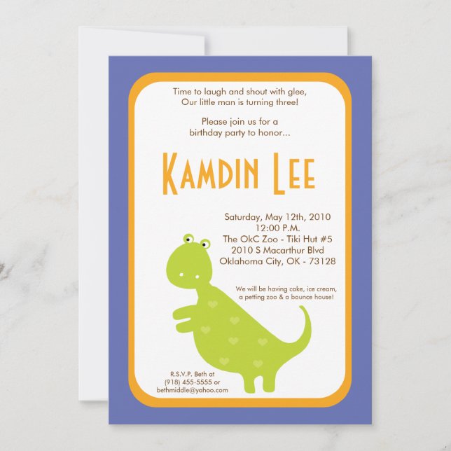 Invitación de cumpleaños de Dino Dinosaurio 5x7 (Anverso)