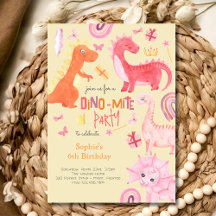 invitación de cumpleaños de dino rosa dino-mite