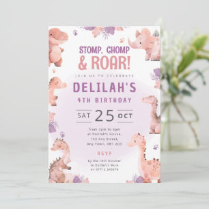 Invitación de cumpleaños de dino rosa para niñas T