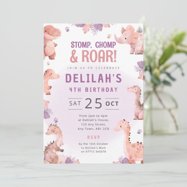 Invitación de cumpleaños de dino rosa para niñas T (Anverso de pie)