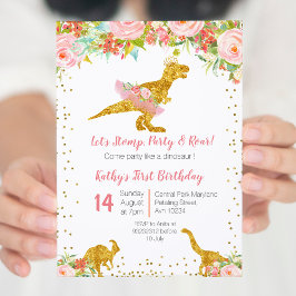 Invitación de cumpleaños de Dino Trex Floral Rosa