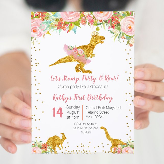 Invitación de cumpleaños de Dino Trex Floral Rosa (Subido por el creador)