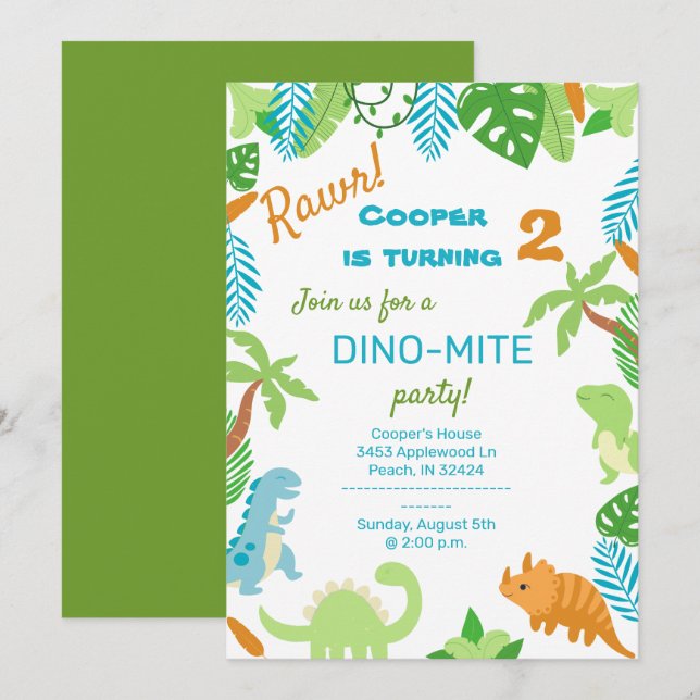 Invitación de cumpleaños de Dinosaur (Anverso / Reverso)