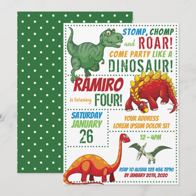 Invitación de cumpleaños de Dinosaur (Anverso / Reverso)