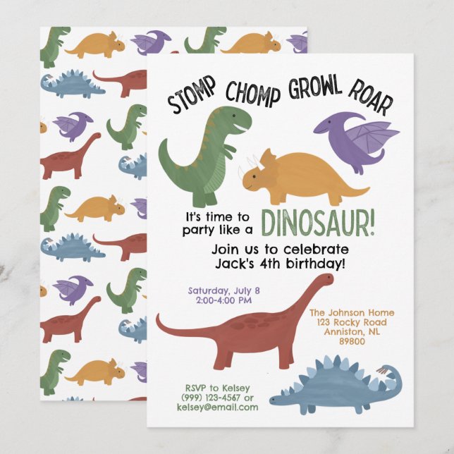 Invitación de cumpleaños de Dinosaur (Anverso / Reverso)