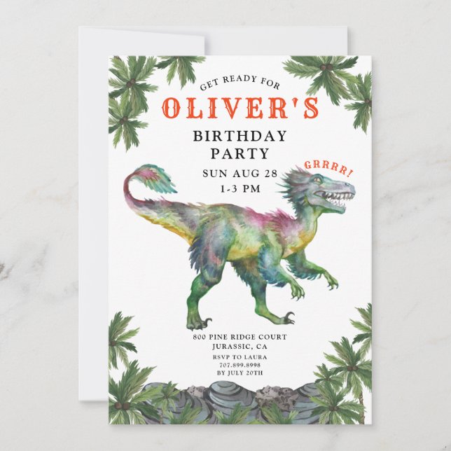 Invitación de cumpleaños de Dinosaur Red Green Bla (Anverso)