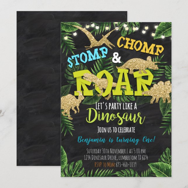 Invitación de cumpleaños de Dinosaur Stomp & Chomp (Anverso / Reverso)