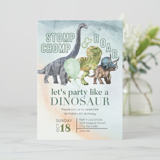 Invitación de cumpleaños de Dinosaur, Stomp Chomp  (Anverso de pie)