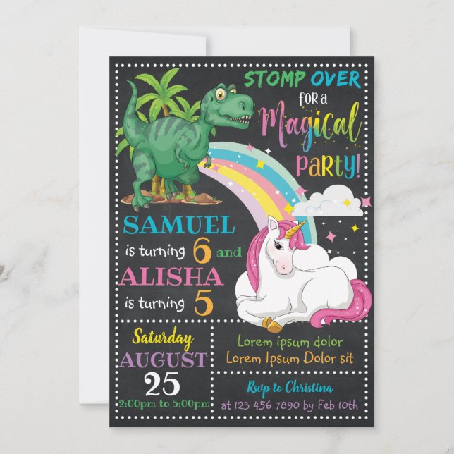 Invitación de cumpleaños de Dinosaur y Unicornio (Anverso)