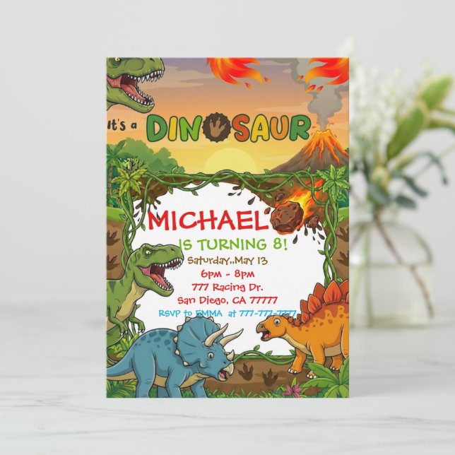 Invitación de cumpleaños de dinosaurio (Anverso de pie)