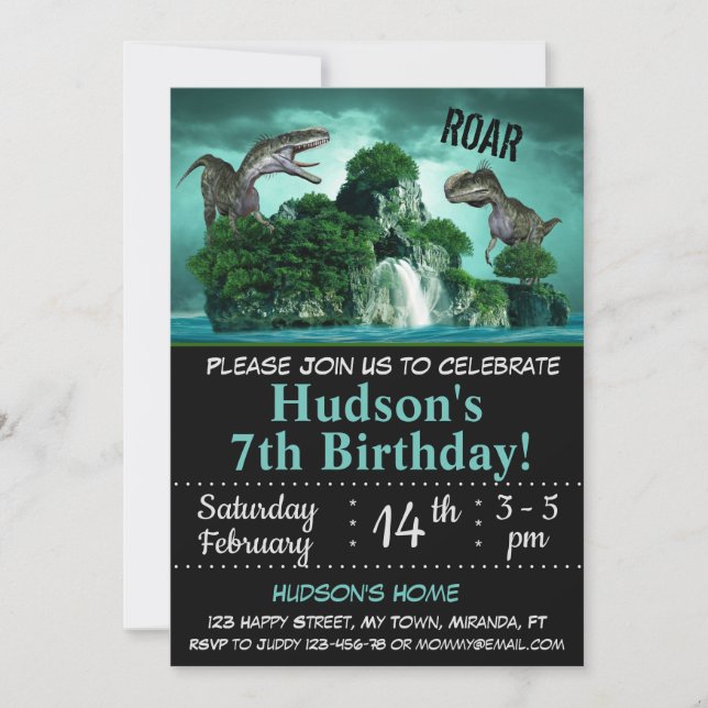 invitación de cumpleaños de dinosaurio (Anverso)