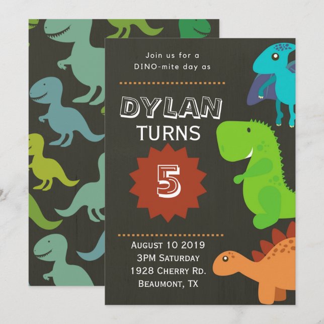 Invitación de cumpleaños de dinosaurio (Anverso / Reverso)