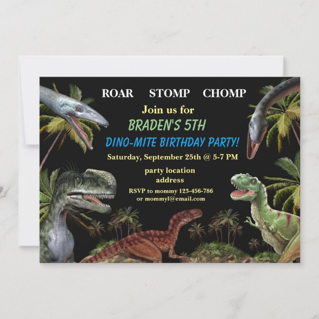 invitación de cumpleaños de dinosaurio (Anverso)