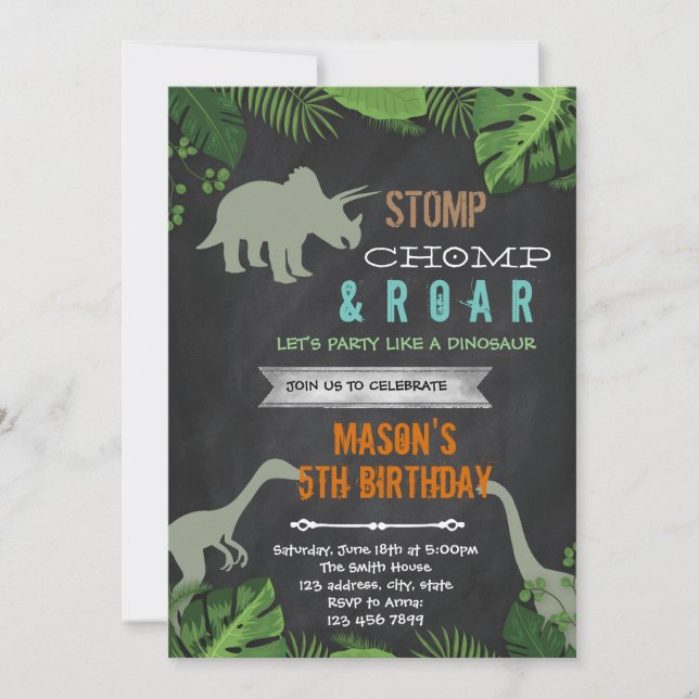 invitación de cumpleaños de dinosaurio (Anverso)
