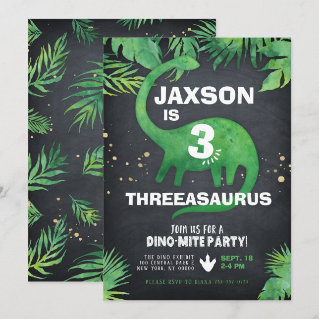 Invitación de cumpleaños de dinosaurio (Anverso / Reverso)