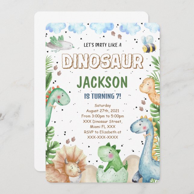 Invitación de cumpleaños de dinosaurio (Anverso / Reverso)