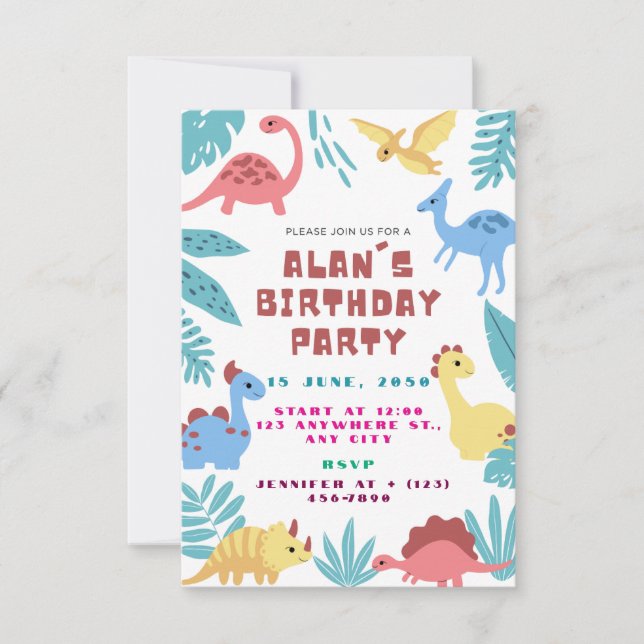 Invitación de cumpleaños de dinosaurio adorable (Anverso)