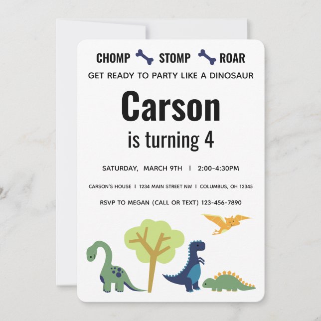 Invitación de cumpleaños de dinosaurio azul y verd (Anverso)