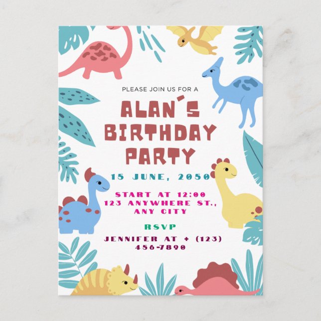 Invitación de Cumpleaños de Dinosaurio Bonito (Anverso)