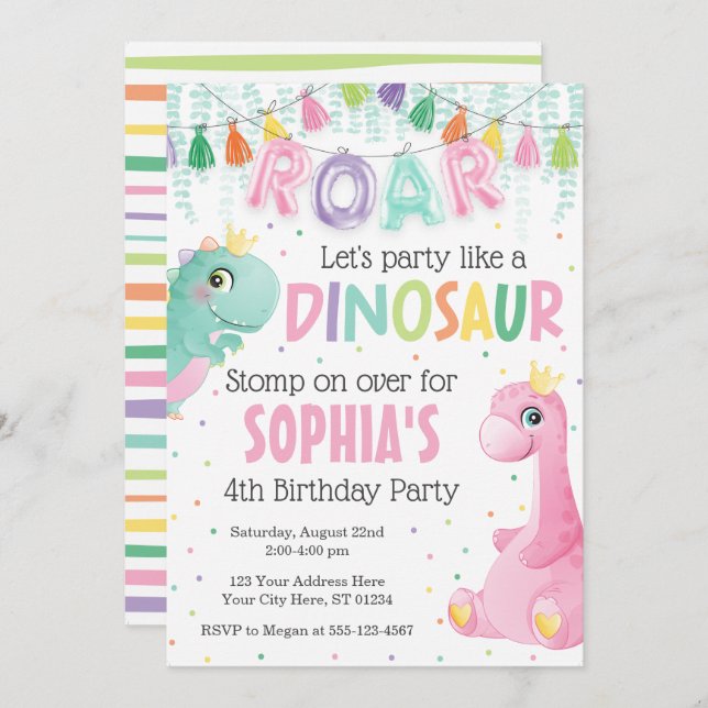 Invitación de cumpleaños de dinosaurio chica (Anverso / Reverso)