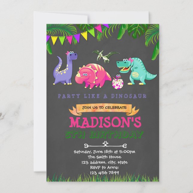 invitación de cumpleaños de dinosaurio chica (Anverso)