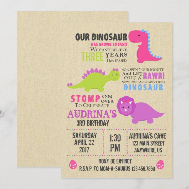 Invitación de cumpleaños de dinosaurio chica (Anverso / Reverso)