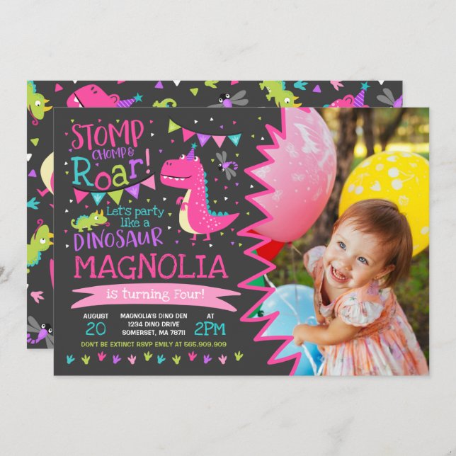 Invitación de cumpleaños de dinosaurio Chica Fiest (Anverso / Reverso)