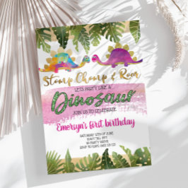 Invitación de cumpleaños de dinosaurio Chica rosad