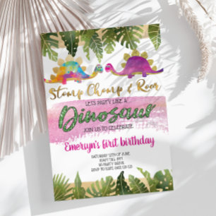 Invitación de cumpleaños de dinosaurio Chica rosad