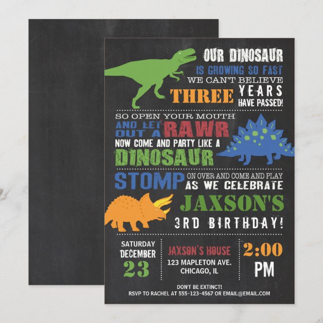 Invitación de cumpleaños de dinosaurio chico chalk (Anverso / Reverso)