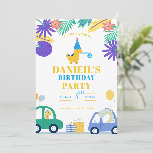 Invitación de cumpleaños de dinosaurio colorido pa (Anverso de pie)