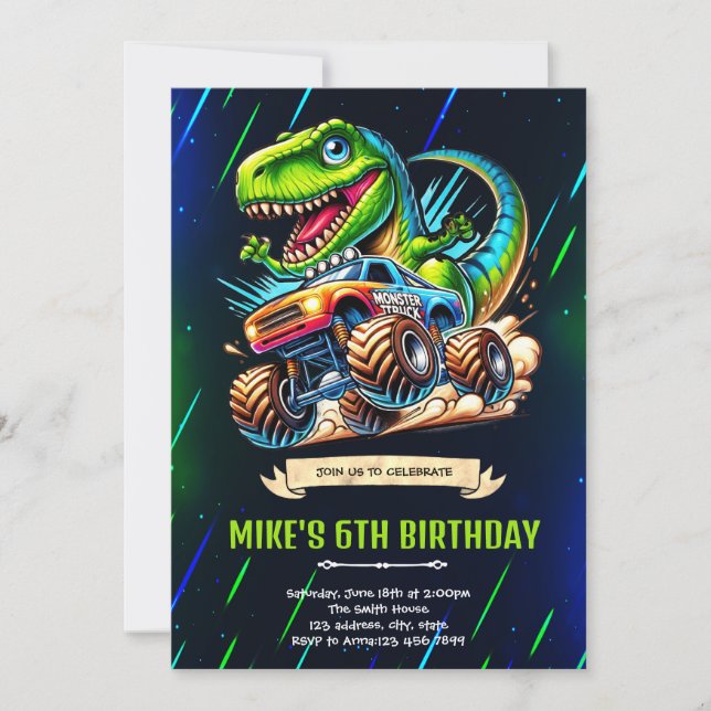 invitación de cumpleaños de dinosaurio con brillo  (Anverso)