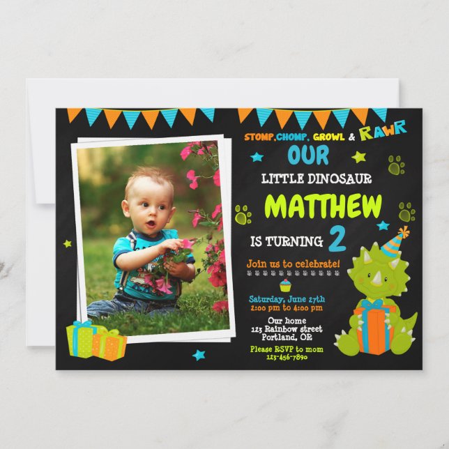 Invitación de cumpleaños de dinosaurio con foto -  (Anverso)