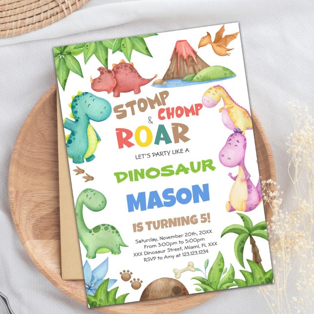 Invitación de cumpleaños de Dinosaurio de color de (Green Watercolor Dinosaur Birthday Invitations)