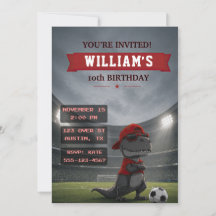 Invitación de cumpleaños de dinosaurio de fútbol