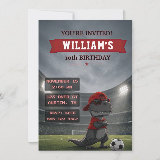 Invitación de cumpleaños de dinosaurio de fútbol (Anverso)