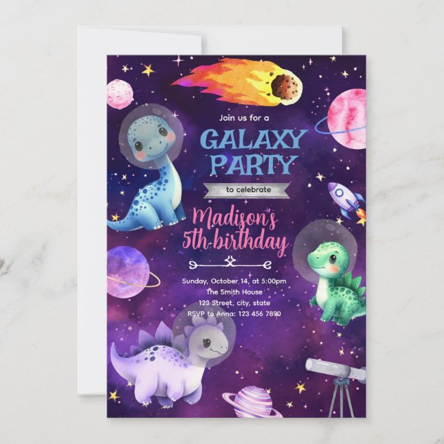 invitación de cumpleaños de dinosaurio de galaxia (Anverso)