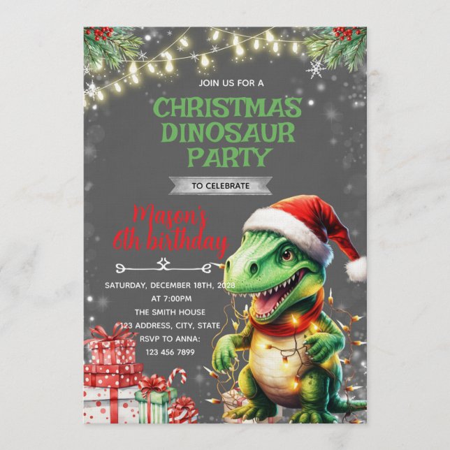 Invitación de cumpleaños de dinosaurio de Navidad (Anverso)