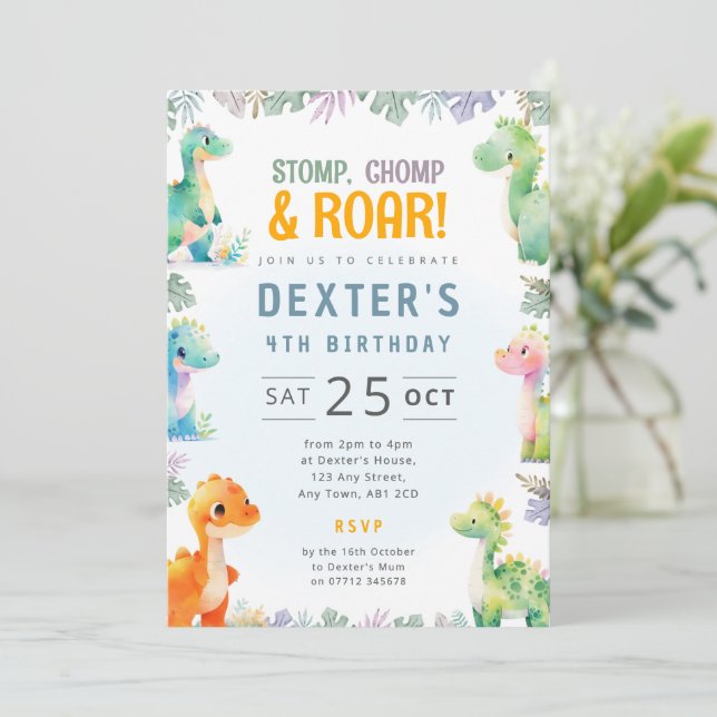 Invitación de cumpleaños de dinosaurio de temática (Anverso de pie)