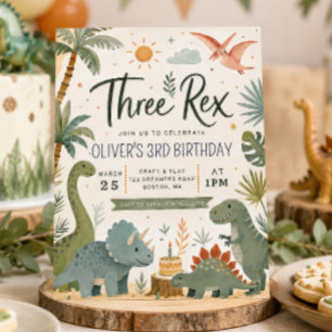 Invitación de cumpleaños de dinosaurio de tres niñ