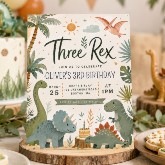 Invitación de cumpleaños de dinosaurio de tres niñ (Subido por el creador)