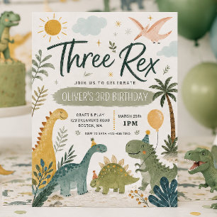 Invitación de cumpleaños de dinosaurio de tres niñ