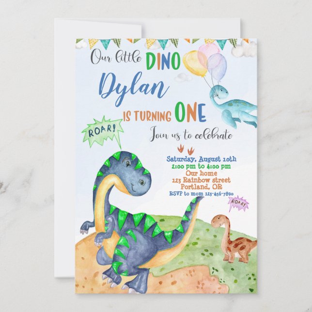 Invitación de cumpleaños de dinosaurio Dino 1º cum (Anverso)