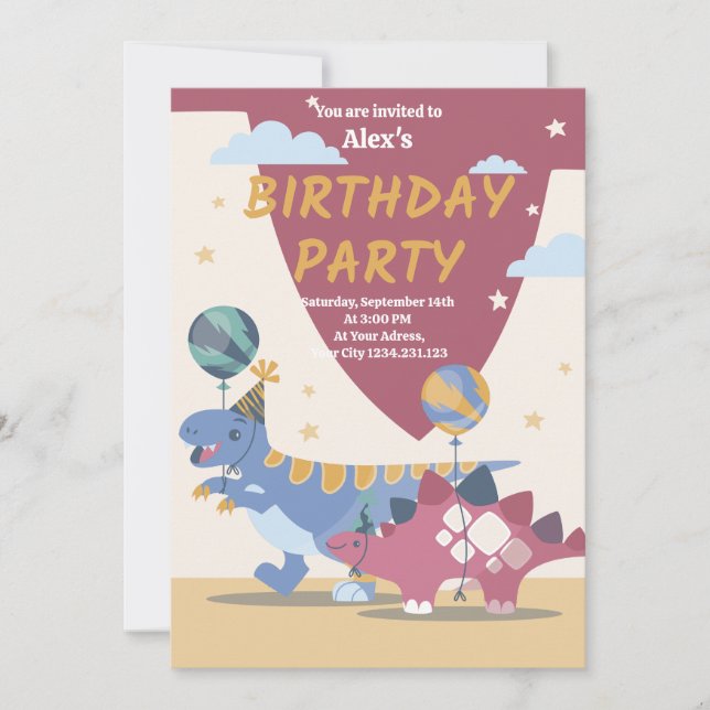 Invitación de Cumpleaños de Dinosaurio Divertido y (Anverso)