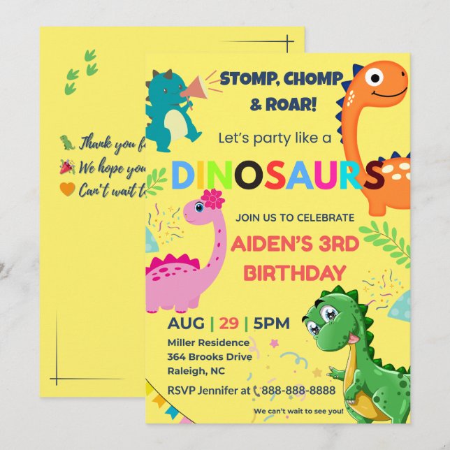 Invitación de cumpleaños de dinosaurio editable (Anverso / Reverso)