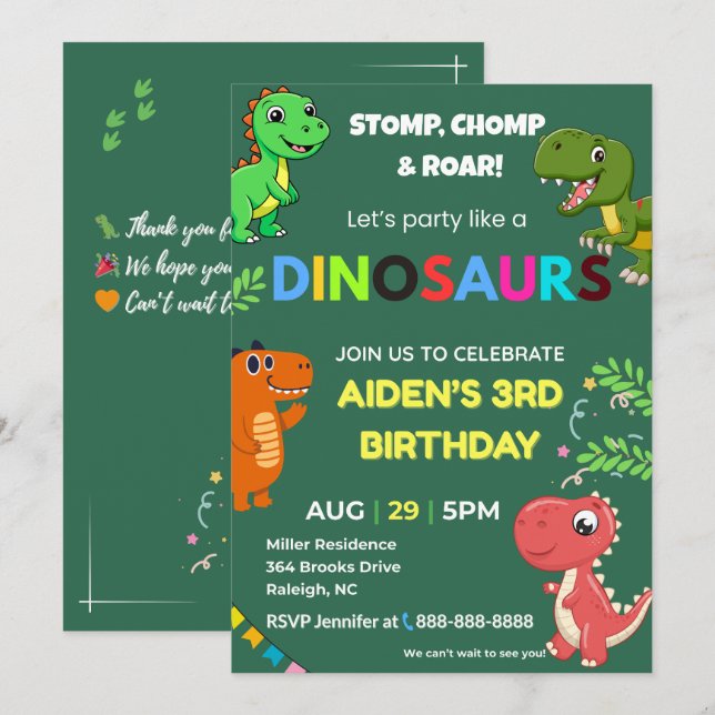 Invitación de cumpleaños de dinosaurio editable (Anverso / Reverso)