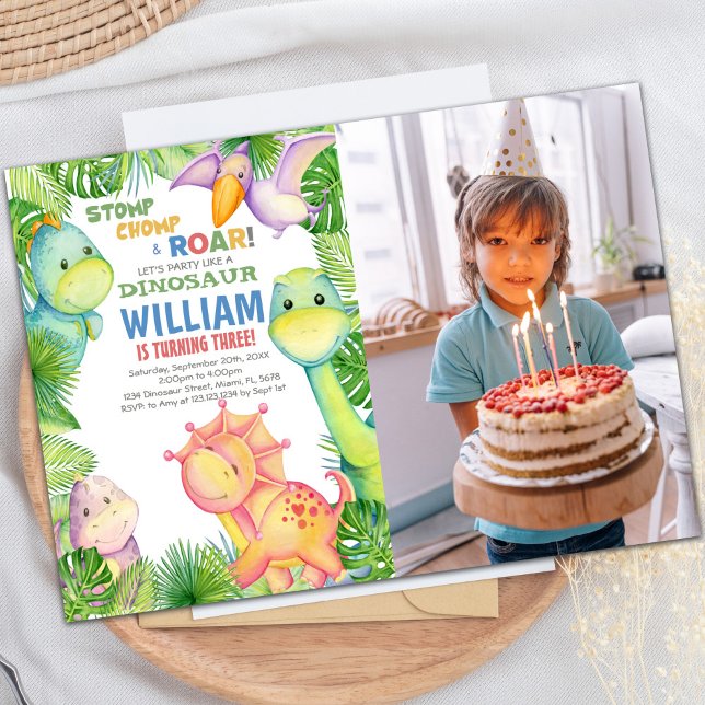 Invitación de cumpleaños de dinosaurio editable co (Green watercolor Dinosaur Birthday photo Invitation)