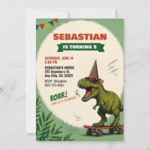 Invitación de cumpleaños de dinosaurio en monopatí