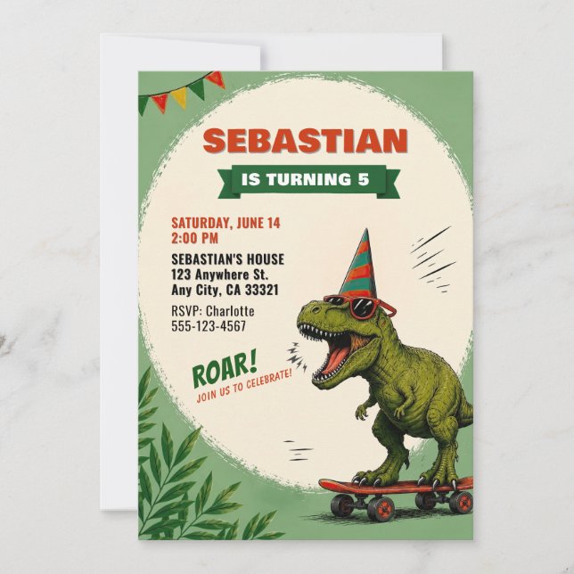 Invitación de cumpleaños de dinosaurio en monopatí (Anverso)